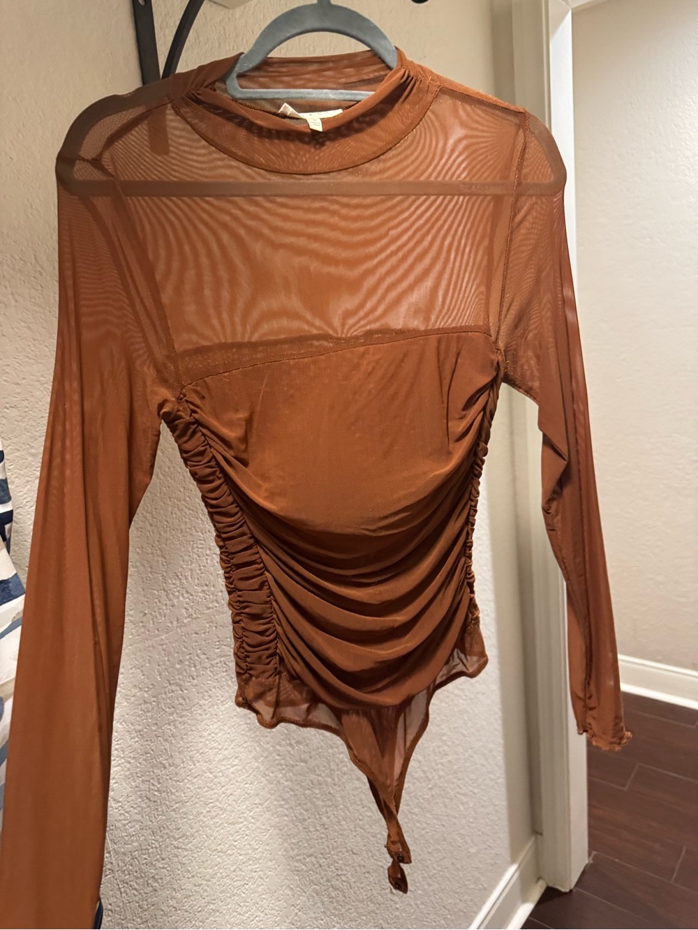 Sheer Long-Sleeve Ruched Bodysuit - Rust